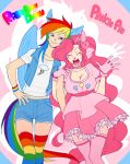  2girls animal_ears anthro anthrofied arm_holding breasts character_name cleavage closed_eyes friendship_is_magic gloves hair hand_on_hip hips jacket long_hair multicolored_legwear multiple_girls my_little_pony my_little_pony_friendship_is_magic open_mouth patterned_legwear pink_hair pinkie_pie quere rainbow_dash rainbow_hair shirt short_hair shorts skirt stockings striped striped_legwear t-shirt tail thighhighs zettai_ryouiki 
