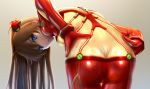  1girl ass asuka_langley_souryuu bent_over blue_eyes brown_hair hair_ornament hands_on_hips high_res long_hair looking_at_viewer neon_genesis_evangelion plugsuit see-through siraha solo test_plugsuit 
