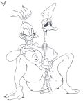  ass avian big_ass big_breasts bird breasts duck female full_body looking_at_viewer lordstevie lordstevie_(artist) masturbation monochrome nipples nude polearm pussy slb spear tongue tongue_out weapon 