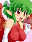  1boy 1girl big_breasts breasts cum cum_on_breasts draco_(puyopuyo) erect_nipples fang fellatio gloves green_hair hair happy heart_shape horns konpeto monster_girl oral penis pointy_ears puyo_puyo red_eyes saliva skin_tight smile steam tongue wings 