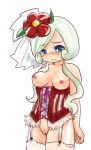  1girl blush bottomless breasts charlotte corset flower green_hair long_hair nipples pop'n_music solo 