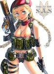  1girl areolae assault_rifle belt blonde_hair blue_eyes braid breasts cammy_white capcom gloves gun hat highres jewelry knife medium_breasts navel necklace nipples panties revision rifle scar solo street_fighter sweat thigh_strap thighs tongue tongue_out trigger_discipline twin_braids underwear weapon white_background xil 