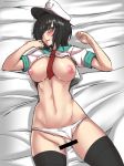  1girl absurdres after_sex aftersex bar_censor black_hair black_legwear blush breasts censor_bar censored clothes_removed cum cum_in_pussy cum_inside green_eyes hat high_res highres large_breasts lying murasa_minamitsu nipples on_back panties panties_aside sailor_hat shirt_lift short_hair solo sorono_wa_soro tears thighhighs touhou underwear white_panties 