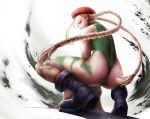  1girl ass bare_shoulders beret blonde_hair blue_eyes bodypaint boots braid cammy_white capcom green_leotard hat highleg_leotard leotard long_hair looking_back nabe_(crow&#039;s_head) scar solo squatting street_fighter thong_leotard twin_braids very_long_hair 