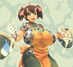 1girl apron breasts brown_eyes brown_hair cow_girl cow_girl_(hataraki) cow_print gloves hataraki_ari horns huge_breasts milk original pigtail short_twintails solo sukimi_(hataraki) twintails white_gloves