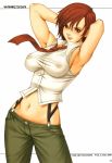 1girl blush breasts brown_eyes character_name female female_only green_pants hands_behind_head king_of_fighters nipples red_hair saigado snk solo the_yuri_&amp;_friends tie vanessa vanessa_(king_of_fighters)