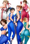  6+girls ;) ahoge alternate_color alternate_costume alternate_hairstyle antenna_hair ass asuka_kazama back bandai_namco bangs bare_shoulders black_eyes black_hair blonde_hair blue_bodysuit blue_eyes bodysuit bracelet breasts brown_eyes brown_hair cammy_white capcom chinese_clothes chun-li chun-li_(cosplay) cosplay crop_top cropped_jacket cropped_vest crossover double_bun double_vertical_stripe emilie_de_rochefort erect_nipples eye_contact fingerless_gloves flipped_hair from_behind gloves grey_hair hair_ornament hair_ribbon hair_up hand_on_hip hands_on_hips happy headband high_ponytail highres huge_ass jewelry kneepits large_breasts light_smile ling_xiaoyu long_hair looking_at_another looking_at_viewer looking_back midriff multiple_girls namco one_eye_closed parted_lips pom_pom_(clothes) ponytail profile ribbon sakura_kasugano shoes short_hair side_slit sidelocks simple_background skin_tight sleeveless smile sneakers spandex spiked_bracelet spikes sports_bra standing street_fighter street_fighter_x_tekken street_fighter_zero street_fighter_zero_(series) studded_bracelet taut_clothes tekken thumbs_up twintails unitard vest white_background wink zonda_(solid_air) 