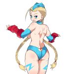  1girl ahoge antenna_hair ass ass_cleavage back backboob bad_id blonde_hair blue_eyes bodypaint braid breasts butt_crack cammy_white capcom elbow_gloves fingerless_gloves gloves huge_ass looking_back sideboob solo street_fighter tennen0201 twin_braids 