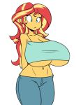  1girl arms_behind_back bare_shoulders blue_eyes blue_shirt breasts cleavage equestria_girls friendship_is_magic huge_breasts jeans long_hair looking_down midriff multicolored_hair my_little_pony navel orange_skin red_hair reiduran simple_background sunset_shimmer tank_top two_tone_hair underboob white_background yellow_hair 