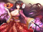  1girl alternate_costume big_breasts black_hair breasts cleavage dress female fire flower fox_mask hair_flower hair_ornament houraisan_kaguya japanese_clothes large_breasts long_hair mask red_eyes slit_pupils solo sumapan touhou 
