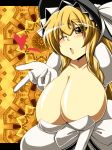  1girl blonde_hair blown_kiss blush breasts cleavage female gloves hat heart huge_breasts invincible_marisa kirisame_marisa new_super_marisa_land one_eye_closed regls solo touhou wink witch_hat yellow_eyes 