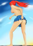  1girl ass barefoot breasts feet high_res long_hair no_panties red_hair skirt solo topless 