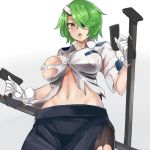 1girl belly big_breasts black_legwear blush breasts covered_nipples erect_nipples evangeline_ak_mcdowell_osaka eyepatch gloves green_hair groin hair hair_ornament hair_over_one_eye highres impossible_clothes impossible_shirt large_breasts looking_at_viewer looking_down makai_penguin midriff mound_of_venus navel neck_tie necktie open_mouth otonashi_kiruko pantyhose pencil_skirt police police_uniform policewoman ringed_eyes shinmai_fukei_kiruko-san shirt short_hair simple_background skirt solo tonfa torn_clothes torn_pantyhose uniform weapon white_background yellow_eyes