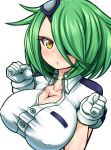  1girl amau_(artist) amau_(kosmos) big_breasts blush breast_squeeze breasts bust cleavage erect_nipples eyepatch gloves green_hair hair_ornament hair_over_one_eye huge_breasts impossible_clothes impossible_shirt large_breasts looking_up open_mouth otonashi_kiruko ringed_eyes shinmai_fukei_kiruko-san shirt short_hair simple_background solo taut_clothes taut_shirt uniform upper_body white_background yellow_eyes 