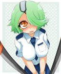  1girl big_breasts bioroid_hei blush breast_squeeze breasts dual_wielding eyepatch gloves green_hair hair_ornament hair_over_one_eye impossible_clothes impossible_shirt large_breasts looking_at_viewer looking_up neck_tie necktie open_mouth orange_eyes otonashi_kiruko pencil_skirt police police_uniform policewoman ringed_eyes shinmai_fukei_kiruko-san shirt short_hair simple_background skirt smile solo tonfa uniform wavy_mouth weapon white_border yellow_eyes 