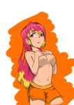  1girl blonde_hair breasts covering covering_breasts long_hair multicolored_hair original shorts solo topless 