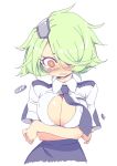  1girl big_breasts blush breast_lift breasts bursting_breasts buttons cleavage crossed_arms eyepatch green_hair hair_over_one_eye impossible_clothes large_breasts neck_tie necktie open_clothes open_mouth open_shirt otonashi_kiruko popped_button ringed_eyes shinmai_fukei_kiruko-san shirt short_hair simple_background skirt solo sumaki_shungo tears wardrobe_malfunction wavy_mouth white_background yellow_eyes 