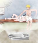  1boy 1girl bangs bath blonde_hair highres ino_yamanaka naked_towel naruto naruto_uzumaki nipple nipples peeking sauna stiky_finkaz towel towel_around_waist undressing 
