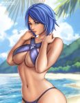  1girl 1girl 1girl alluring alternate_version_available aqua_(kingdom_hearts) arms_on_breasts artist_logo beach beach_background blue_eyes blue_hair breasts brown_lipstick clouds daytime detailed_background female_only flowerxl kingdom_hearts looking_at_viewer ocean pale-skinned_female purple_bikini purple_eyes purple_panties seductive_smile short_hair square_enix upper_body video_game_character wide_hips widescreen 