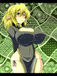  1girl bad_proportions blonde_hair blush breasts china_dress chinese_clothes cleavage cleavage_cutout curvy dress erect_nipples female green_eyes hips huge_breasts mizuhashi_parsee pointy_ears regls skindentation solo touhou wide_hips 