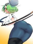 1girl ass bent_over big_breasts breasts eyepatch gloves gradient gradient_background green_hair hair_ornament hair_over_one_eye hat impossible_clothes impossible_shirt kashiwagi_temo large_breasts looking_back n_g_00_6 neck_tie necktie open_mouth orange_eyes otonashi_kiruko pantyhose ringed_eyes shinmai_fukei_kiruko-san shirt short_hair simple_background skirt solo tonfa uniform weapon white_background yellow_background