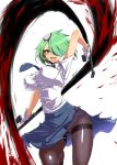  1girl big_breasts black_legwear blood blush breasts clearite covered_nipples crotch_seam dual_wielding erect_nipples eyepatch gloves green_hair hair_ornament hair_over_one_eye high_res highres impossible_clothes impossible_shirt large_breasts looking_at_viewer neck_tie necktie open_mouth otonashi_kiruko panties panties_under_pantyhose pantyhose police police_uniform policewoman ringed_eyes shinmai_fukei_kiruko-san shirt short_hair simple_background skirt smile solo thighband_pantyhose tonfa torn_clothes underwear uniform weapon white_background yellow_eyes 
