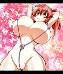  1girl arms_behind_head arms_up bikini breasts curvy erect_nipples fat_mons female flossing from_below hair_bobbles hair_ornament hips huge_breasts letterboxed micro_bikini onozuka_komachi partially_visible_vulva pussy red_eyes red_hair regls short_hair sling_bikini smile solo string_bikini swimsuit touhou twin_tails twintails uncensored wedgie wide_hips 
