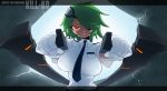  1girl :d aiming_at_viewer big_breasts breasts bust character_name english erect_nipples eyepatch fourth_wall gloves green_hair hair_ornament hair_over_one_eye impossible_clothes impossible_shirt large_breasts letterboxed looking_at_viewer neck_tie necktie open_mouth orange_eyes otonashi_kiruko pov_aiming ringed_eyes shinmai_fukei_kiruko-san shirt short_hair simple_background skirt smile solo space_jin spacezin tonfa uniform upper_body weapon white_background 