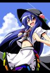  blue_hair bow female food fruit hat hinanawi_tenshi midriff outdoors peach red_eyes regls sky solo touhou 