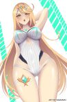  1girl alluring arm_behind_head armpits big_breasts blonde_hair breasts choker core_crystal covered_navel earrings kamaniki long_hair looking_at_viewer looking_down mythra nintendo one-piece_swimsuit swimsuit thigh_gap thigh_strap tiara white_one-piece_swimsuit white_swimsuit xenoblade_(series) xenoblade_chronicles_2 yellow_eyes 