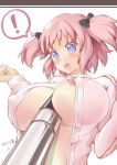  ! +_+ 1girl :o areola areola_slip areolae arms_up bai_linqin between_breasts big_breasts blue_eyes blush bow breasts erect_nipples hibari_(senran_kagura) ikebebou jacket large_breasts nintendo_3ds open_clothes open_jacket open_mouth pink_hair senran_kagura senran_kagura_(series) sexually_suggestive short_twintails solo symbol-shaped_pupils translation_request twin_tails twintails 