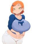  1girl 1girl 1girl belly ben_10 big_breasts breasts cartoon_network chubby chubby_female eye_contact female_only fully_clothed green_eyes gwen_tennyson huge_breasts looking_at_viewer orange_hair shinolara short_hair smile solo_female thick_thighs tight_pants wide_hips 