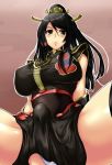  1girl black_hair blush breasts bulge cameltail cum embarrassed erect_nipples erection erection_under_clothes female futanari hair_between_eyes hips huge_breasts large_breasts long_hair looking_at_viewer looking_down nude panties penis poko_chin sangokushi_taisen shirt solo taut_clothes taut_shirt thick_thighs thighhighs thighs underwear white_panties wide_hips 