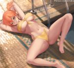 1girl alluring arms_behind_head arms_up azto_dio barefoot big_breasts bikini breasts closed_mouth creatures_(company) female_only foot_out_of_frame front-tie_bikini front-tie_top full_body game_freak green_eyes knee_up lying misty misty_(pokemon) navel nintendo on_back orange_hair paid_reward_available pokemon pokemon_(anime) pokemon_(classic_anime) pool pool_ladder poolside side_ponytail spread_legs stomach swimming_pool swimsuit thighs tile_wall tiles under_boob yellow_bikini
