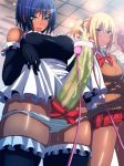 1girl 2girls blonde_hair blue_eyes blue_hair blush breasts brown_eyes censored clenched_teeth clothes_lift condom condom_on_penis cum ejaculation elbow_gloves erection futa_with_female futanari gloves handsfree_ejaculation highres large_breasts maid multiple_girls nagaotitu nude original panties panty_pull penis penis_ribbon ribbon saliva sex_toy short_hair skirt skirt_lift smile striped striped_panties teeth thighhighs underwear used_condom used_condom_on_penis vibrator