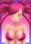  1girl absurd_res alluring big_breasts bikini blush breasts cleavage collarbone creatures_(company) flannery flannery_(pokemon) game_freak grid grid_background high_res long_hair looking_at_viewer nintendo pink_background pink_bikini pokemon pokemon_(game) pokemon_rse ponytail red_eyes red_hair smile standing swimsuit upper_body zel-sama 