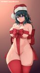  1girl 1girl 1girl 2023 alluring alternate_costume arms_up azure_monarch big_breasts big_breasts blue_eyes bondage bow breasts byleth_(fire_emblem) byleth_(fire_emblem)_(female) christmas english_text female_only fire_emblem fire_emblem:_three_houses gift_tag hair_between_eyes high_res naked_ribbon nintendo ribbon ribbon_bondage santa_hat teal_hair text thick_thighs thighhighs_over_pantyhose 