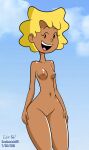 1girl 2018 black_eyes blue_background breasts brown_nipples cartoon clouds cute disney doug eyebrows eyelashes female_only naked_female navel nickelodeon nipples nude nude_beach open_mouth patti_mayonnaise pussy scobionicle99 yahyah yellow_hair
