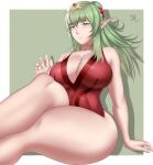  1girl 1girl absurd_res alluring arcedo athletic_female bangs big_breasts big_breasts breasts choker cleavage covered_navel dragon_ears dragon_girl dress feet_out_of_frame fire_emblem fire_emblem_awakening fit_female from_below green_eyes green_hair hair_tie hand_up high_res long_sleeves looking_at_viewer nintendo parted_lips pointy_ears red_dress red_ribbon ribbon shadow simple_background sitting smile teeth thick_thighs thighs tiara tiki_(adult)_(fire_emblem) tiki_(fire_emblem) watermark 