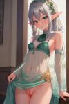  ai_generated blush cleft_of_venus dress_lift elf elf_ears elf_female female_focus green_dress green_eyes looking_at_viewer navel original pointy_ears pussy pussy_juice silver_hair small_breasts stable_diffusion 