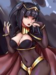  1girl 1girl 1girl alluring big_breasts big_breasts black_hair bodysuit cleavage fire_emblem fire_emblem_awakening geazs looking_at_viewer midriff milf open_mouth solo_female tharja tharja_(fire_emblem) thick_thighs tongue wide_hips 