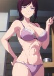 1girl abs acchan_(megami_no_kafeterasu) ai_generated alluring athletic_female big_breasts black_hair bra breasts cleavage confident female_abs female_only fit_female glasses hand_on_hip megami_no_kafeterasu navel panties pose posing purple_eyes smile voluptuous