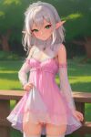 ai_generated blush cleft_of_venus dress_lift elf elf_ears elf_female female_focus green_eyes nature original pink_dress pointy_ears pussy silver_hair small_breasts stable_diffusion