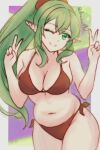 1girl alluring bare_legs big_breasts bikini cleavage double_v female_only fire_emblem fire_emblem_heroes green_eyes green_hair hourglass_figure nintendo peace_sign red_bikini rotomdocs solo_female tiki_(adult)_(fire_emblem) tiki_(fire_emblem) v wink winking winking_at_viewer