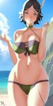  1girl 1girl alluring alternate_costume arcedo ass_visible_through_thighs bare_shoulders bare_thighs beach big_breasts bikini_top black_hair breasts cleavage collarbone feathers female_only fire_emblem fire_emblem_awakening fire_emblem_heroes green_bikini green_swimsuit grey_eyes hair_ornament looking_at_viewer nintendo noire noire_(fire_emblem) noire_(summer)_(fire_emblem) ocean official_alternate_costume short_hair swimsuit thighs 