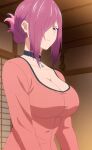 1girl big_breasts breasts cleavage clothing huge_breasts kiki_(tenpuru) medium_hair pink_eyes purple_hair screencap tenpuru
