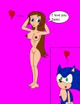 1girl barefoot black_nose blue_eyes blue_skin breasts brown_hair english_text feet female_only furry green_eyes heart kissing navel nude_female open_mouth princess_sara_(sonic) pussy sega sexy_body sonic_the_hedgehog sonic_the_hedgehog_(series) text_bubble toes