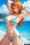1girl ai_generated arms_up beach bikini female_only nami nami_(one_piece) ocean one_piece outside red_hair trynectar.ai waifu2x