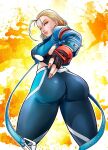 1girl ass big_ass blonde_hair blue_eyes cammy_white capcom clothed dat_ass female_only fully_clothed high_res hot light-skinned_female light_skin looking_at_viewer looking_back rankgo scar sfw solo_female street_fighter street_fighter_6 thunder_thighs tight_clothing tight_fit twitter