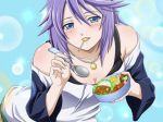  1girl bare_shoulders blue_eyes blush candy food jewelry lollipop mouth_hold necklace purple_hair rosario_to_vampire shirayuki_mizore skirt solo spoon stockings striped striped_legwear striped_thighhighs thigh-highs thighhighs 